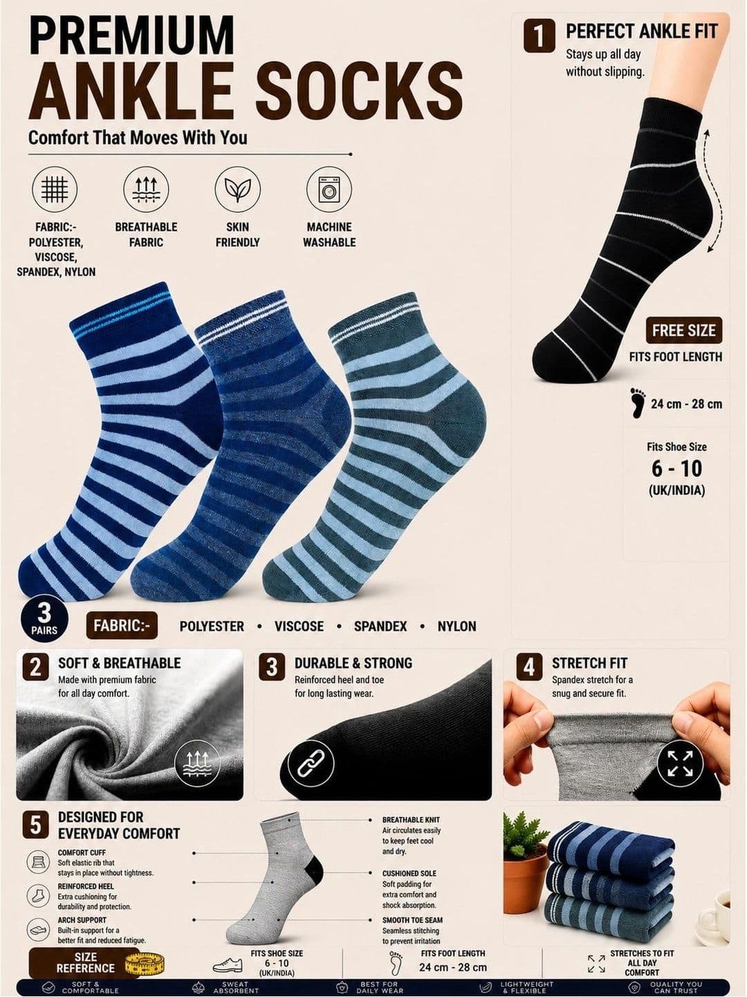 ADDOSSO Men Pack of 3 Cotton Assorted Striped Above Ankle Socks thumbnail 2