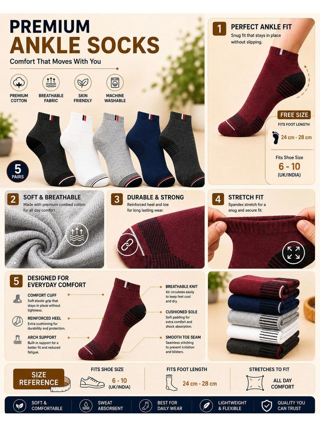 ADDOSSO Men Pack of 5 Cotton Assorted Patterned Ankle Length Socks thumbnail 2