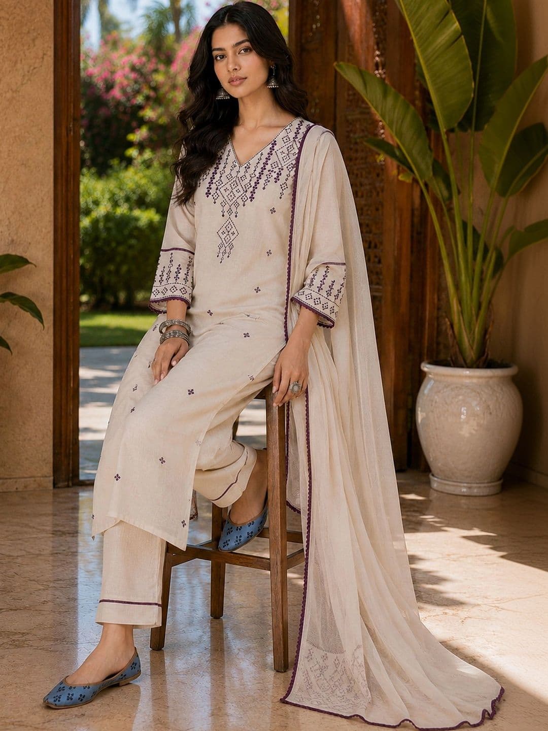 AVANSHEE Women  Embroidered Thread Work Pure Cotton Kurta with Trousers & With Dupatta - view 1