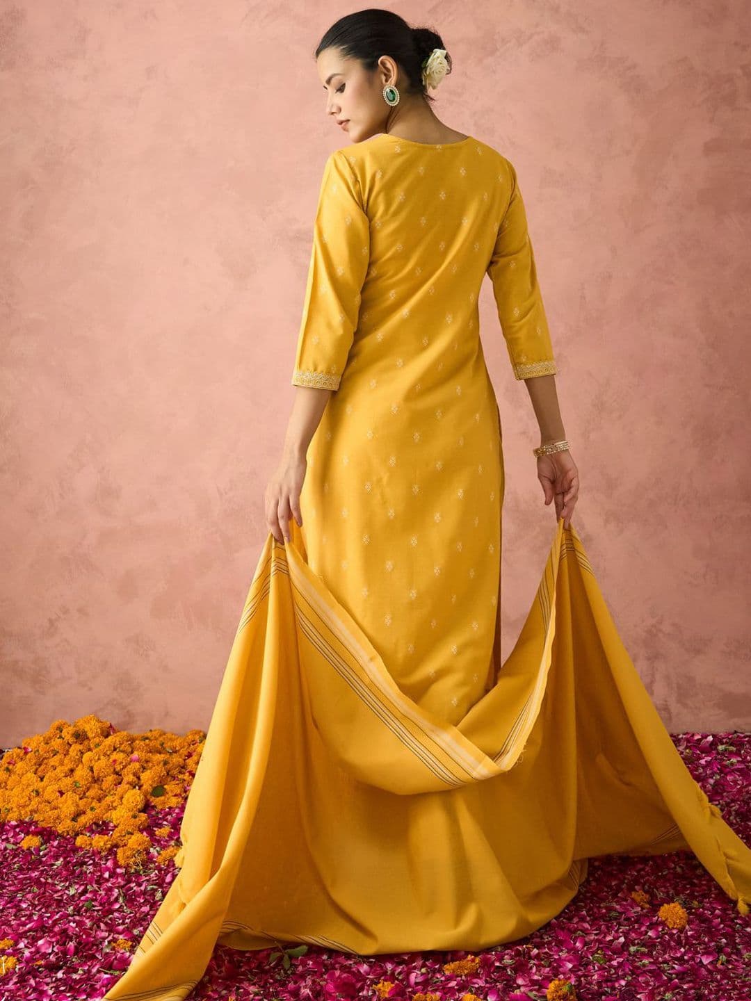 KALINI Woven Design Floral Embroidered Straight Kurta With Trouser And Dupatta thumbnail 2