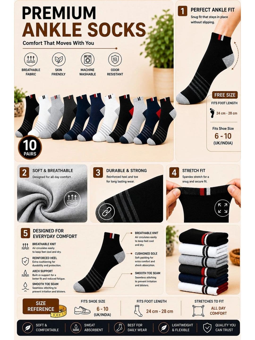 ADDOSSO Men Pack of 10 Cotton Assorted Striped Ankle Length Socks thumbnail 2