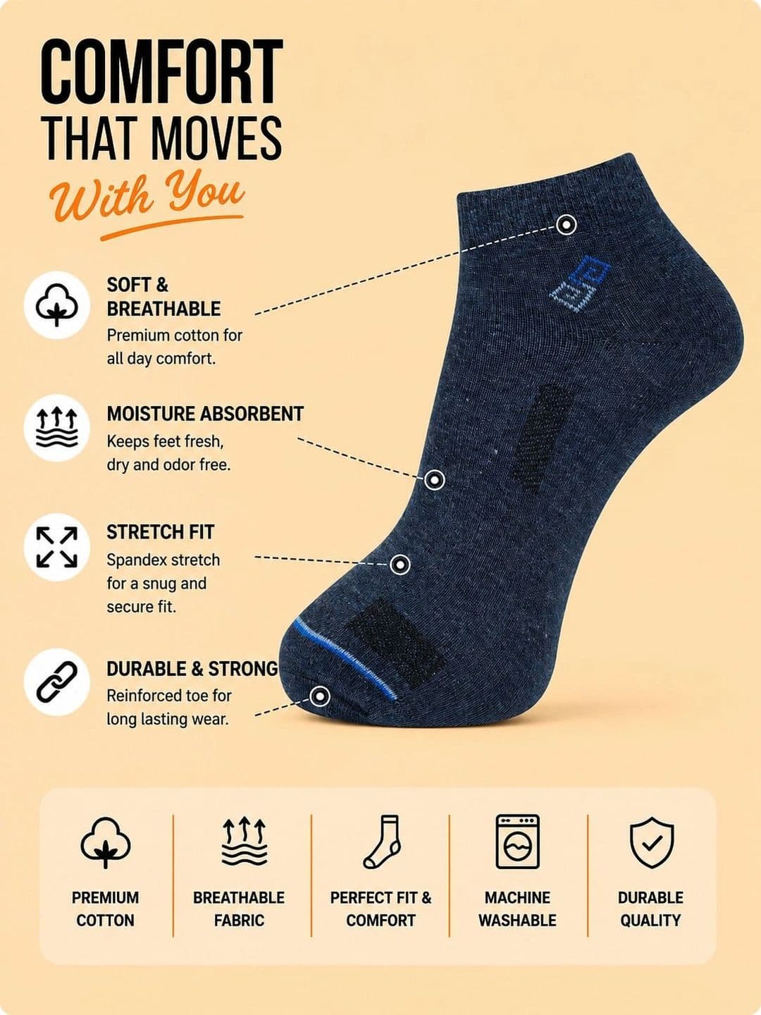 ADDOSSO Men Pack of 5 Cotton Assorted Ankle Length Socks thumbnail 3