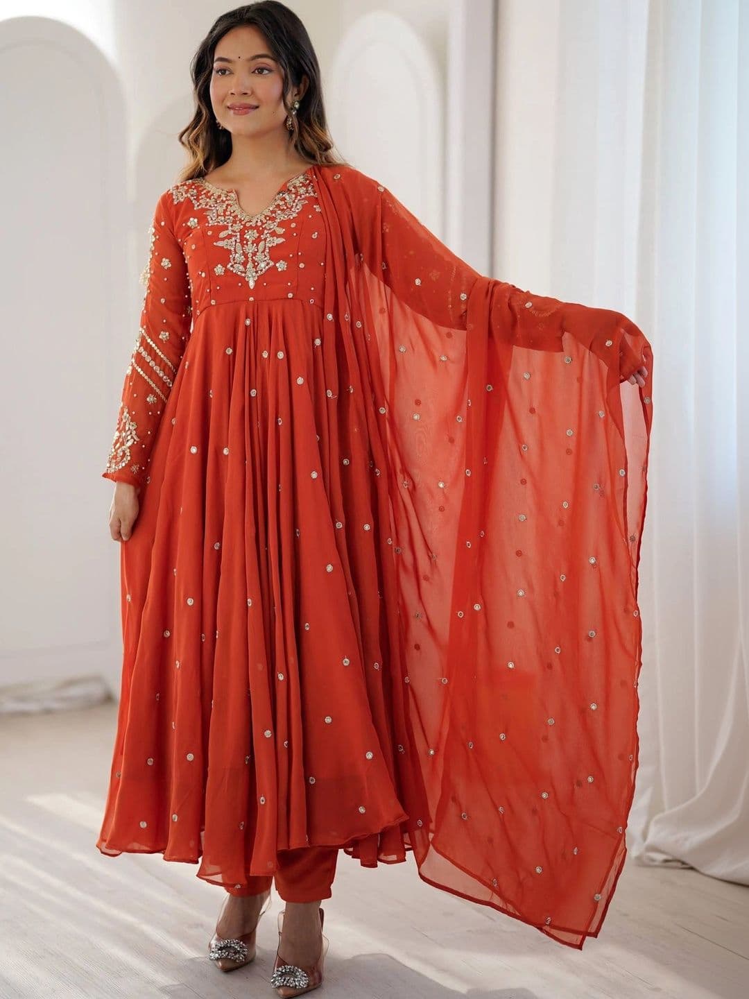 NORAFLEX Women Regular Sequinned Silk Georgette Kurta with Pyjamas & With Dupatta thumbnail 4