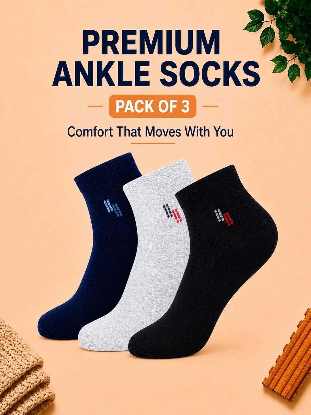 ADDOSSO Men Pack of 3 Cotton Assorted Ankle Length Socks thumbnail 5