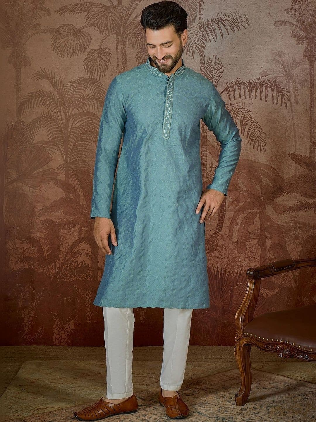 House of Pataudi Men Thread Work Jacquard Kurta thumbnail 6