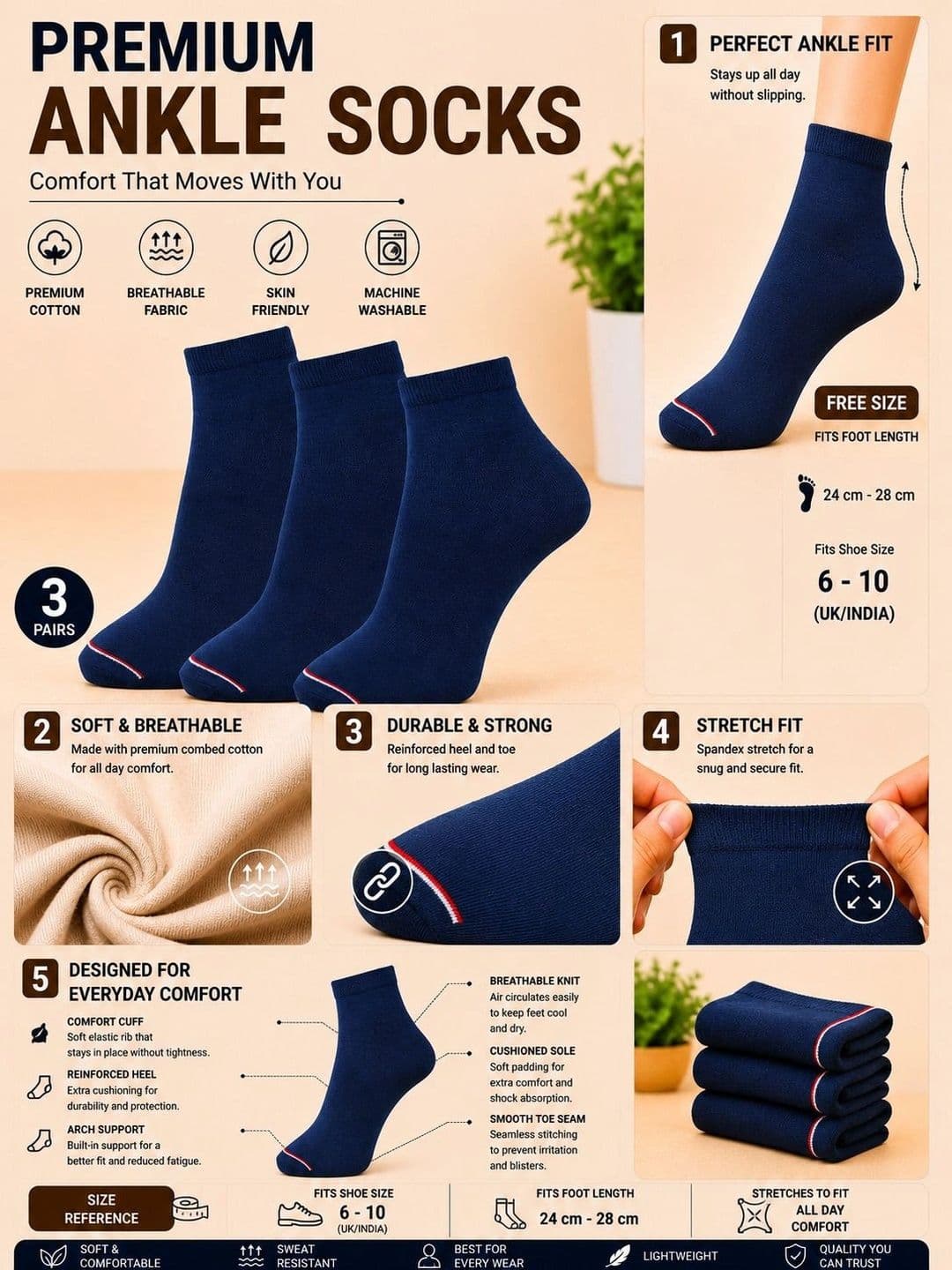 ADDOSSO Men Pack of 3 Cotton Assorted Ankle Length Socks thumbnail 5
