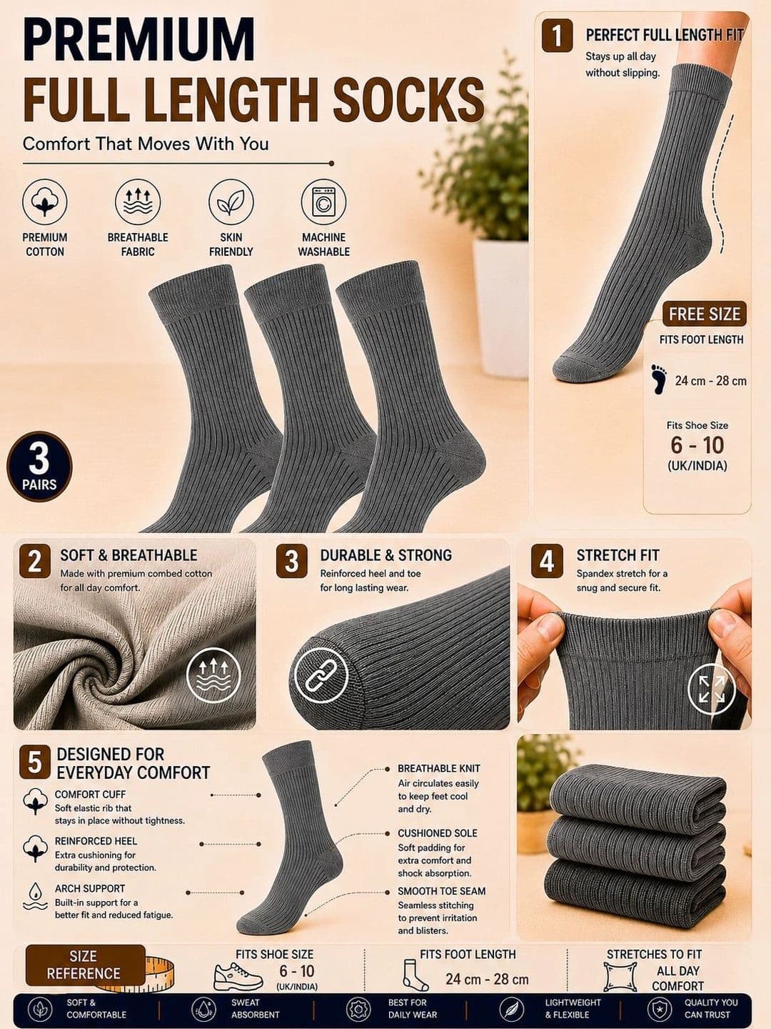 ADDOSSO Men Pack of 3 Cotton Assorted Calf Length Socks thumbnail 2