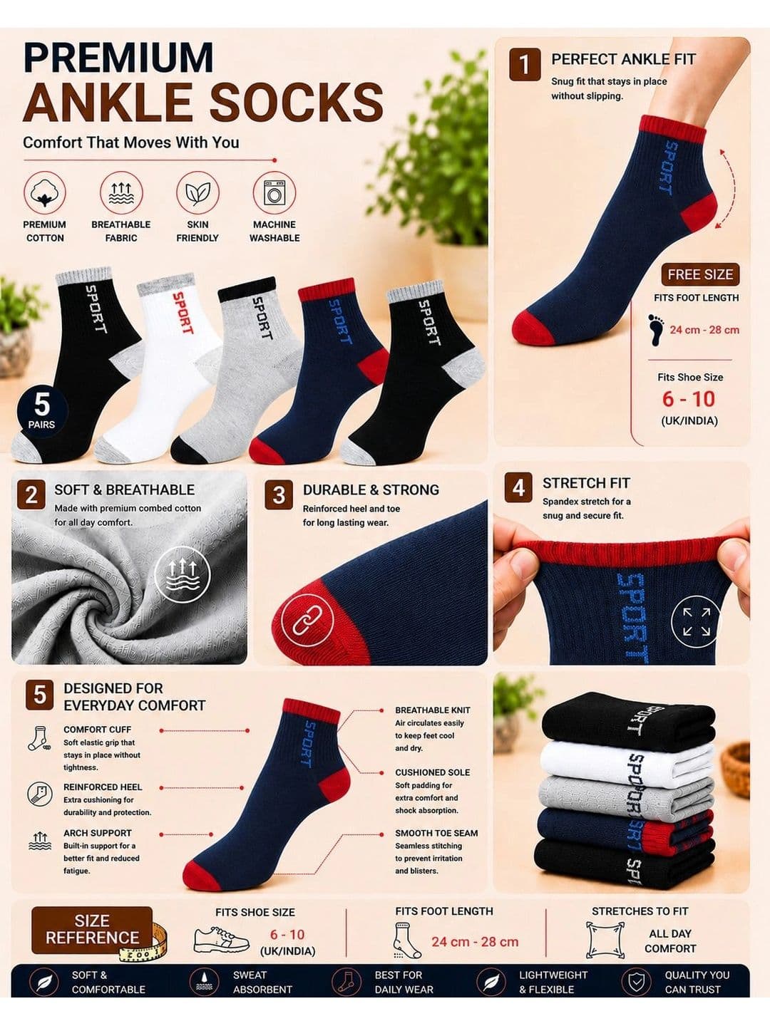 ADDOSSO Men Pack of 5 Cotton Assorted Patterned Above Ankle Socks thumbnail 4