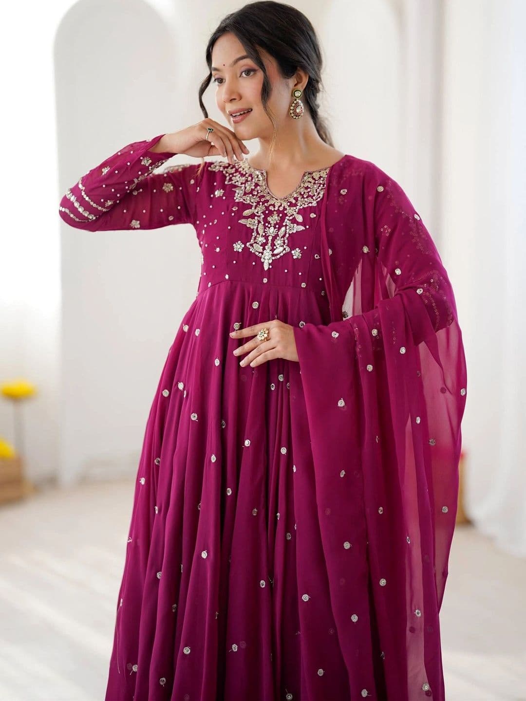 NORAFLEX Women Empire Sequinned Silk Georgette Kurta with Trousers & With Dupatta thumbnail 3