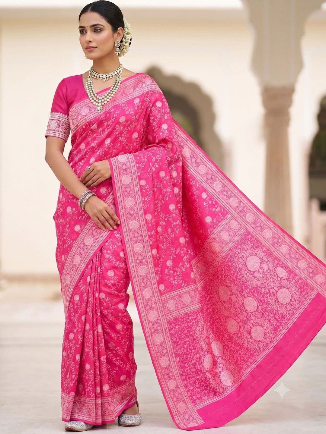 Milvia Ethnic Motifs Zari Silk Blend Designer Kanjeevaram Saree - view 1