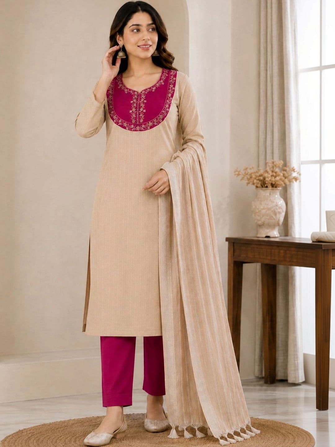 MI Textile Ethnic Motifs Embroidered Regular Thread Work Kurta with Trousers &  Dupatta thumbnail 5