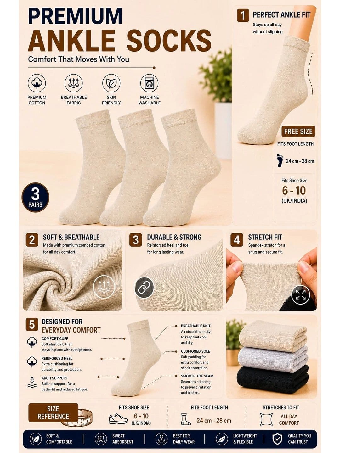 ADDOSSO Men Pack of 3 Cotton Assorted Ankle Length Socks thumbnail 5