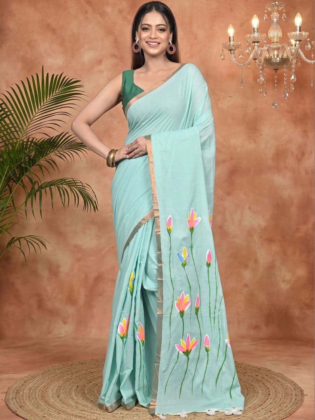 PuJoy Floral Sequinned Pure Cotton Handloom Taant Saree thumbnail 6