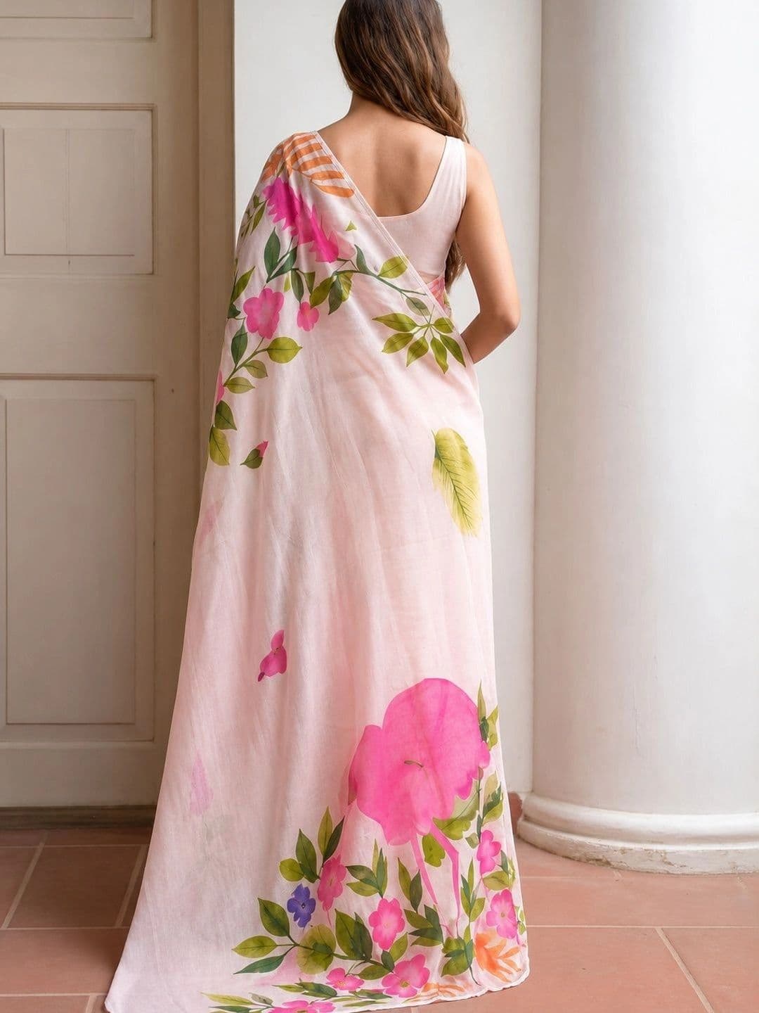 Peachmode Floral Linen Blend Saree thumbnail 3