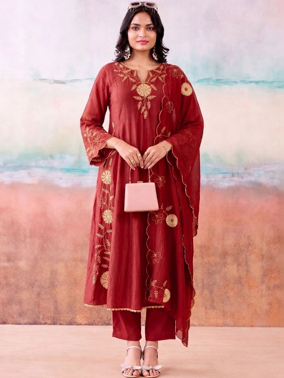 Anouk Women Floral Embroidered Regular Thread Work Chanderi Silk Kurta with Trousers & With Dupatta - view 1