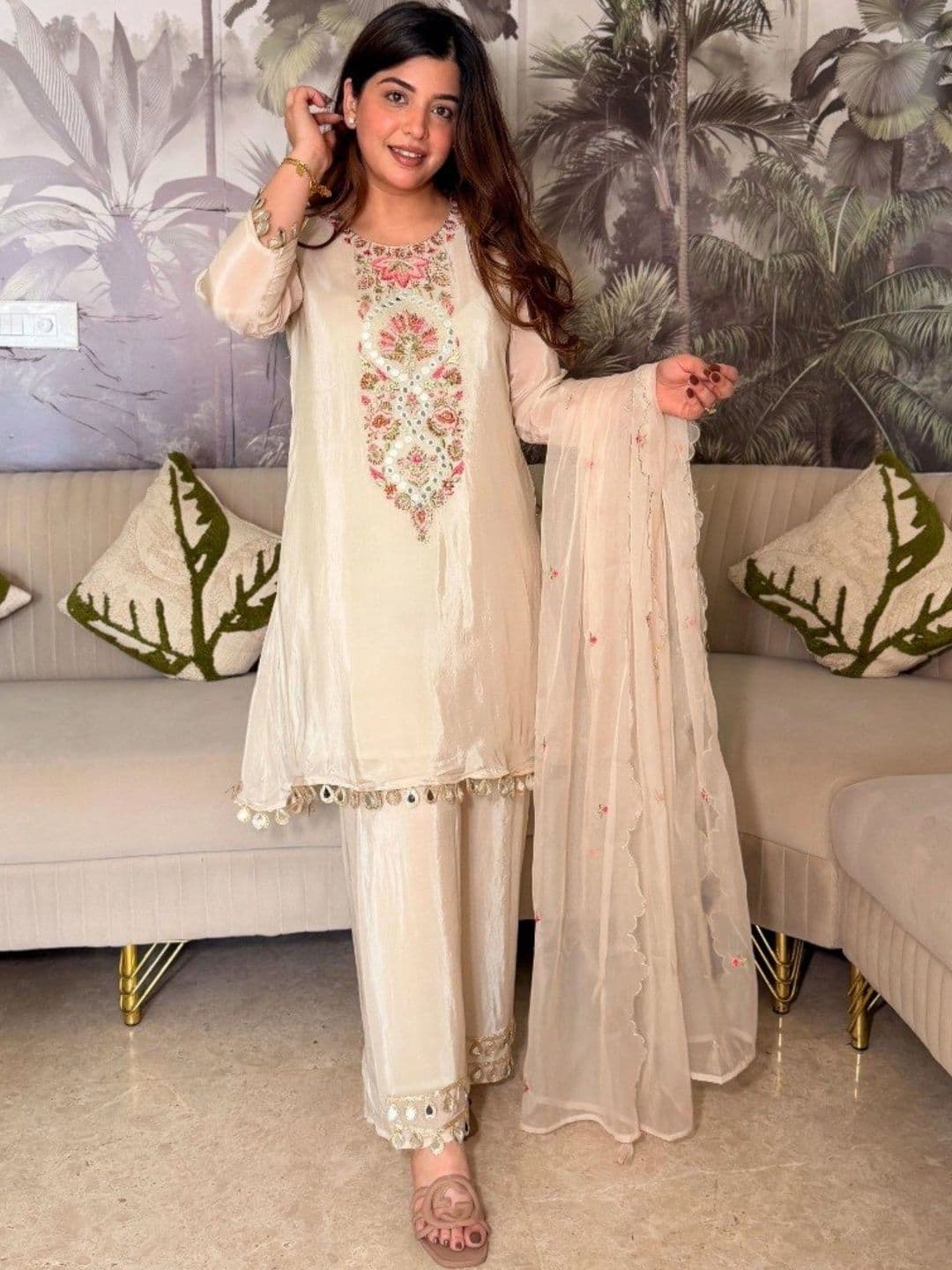 LeeliPeeri Designer Women Ethnic Motifs Embroidered Regular Mirror Work Kurta with Palazzos & With Dupatta - view 1
