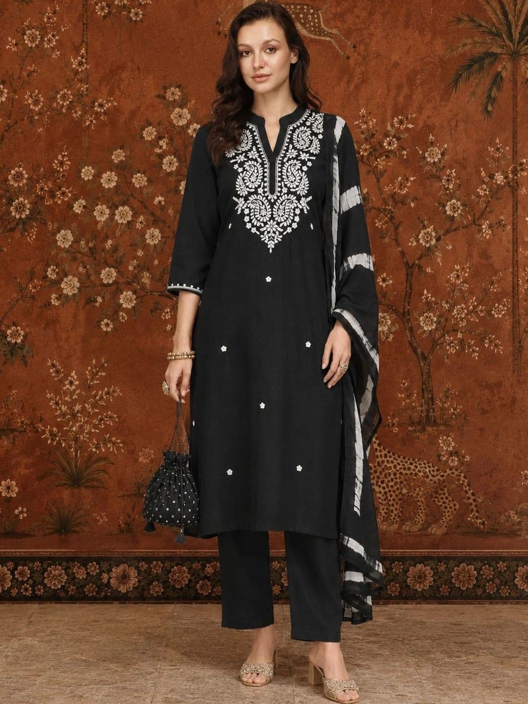 Sangria Women Ethnic Embroidered Regular Thread Work Kurta with Trousers & With Dupatta thumbnail 4