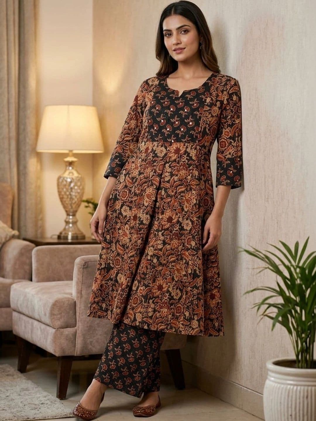 Sangria Women Floral Printed Regular Pure Cotton Kurta with Palazzos thumbnail 6