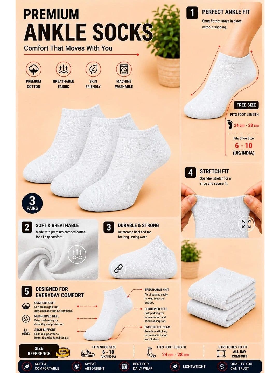 ADDOSSO Men Pack of 3 Cotton Assorted Ankle Length Socks thumbnail 5