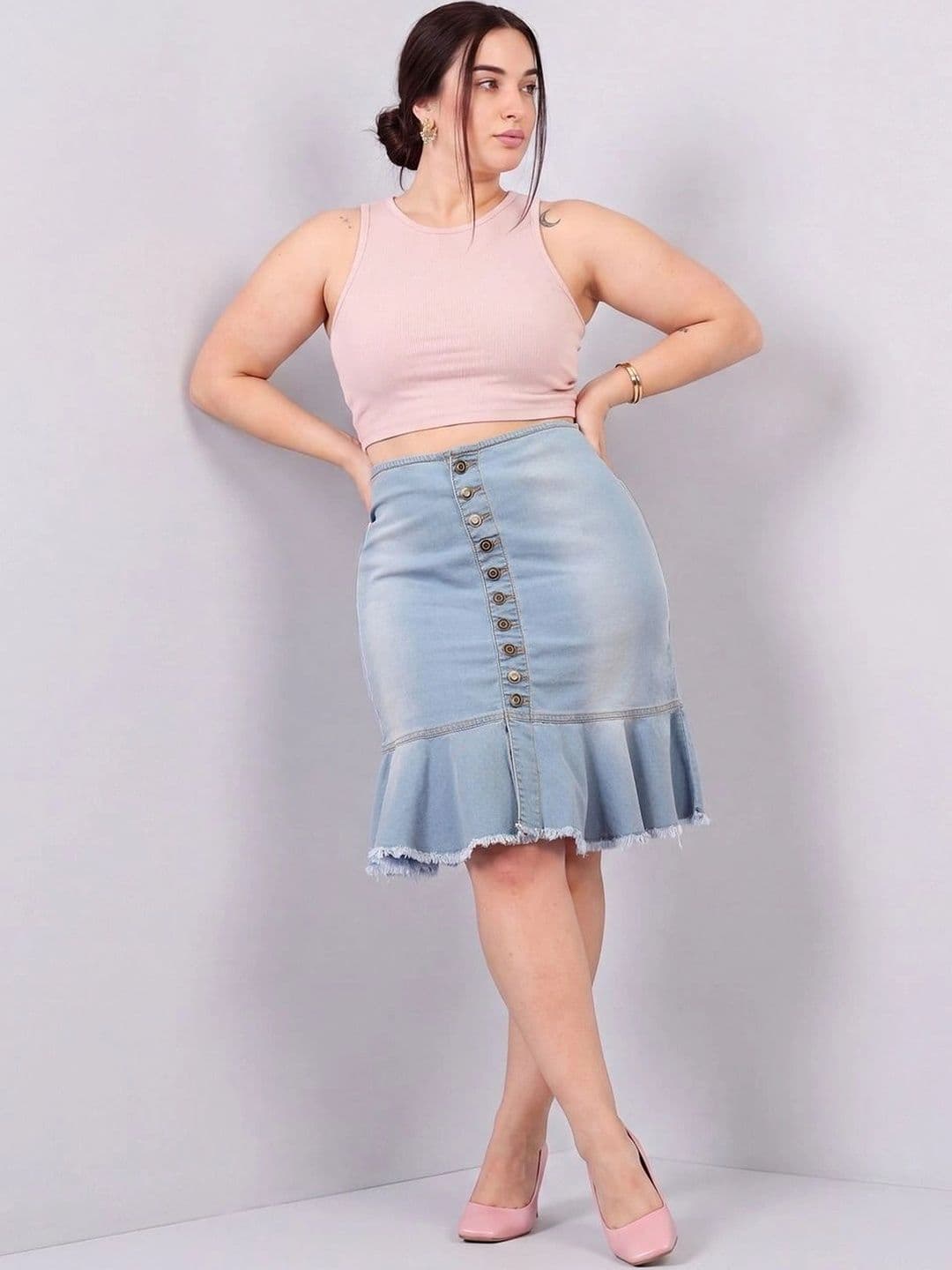 Miss Chase A+ Women Denim Frayed Denim Knee Length Trumpet Skirt thumbnail 2