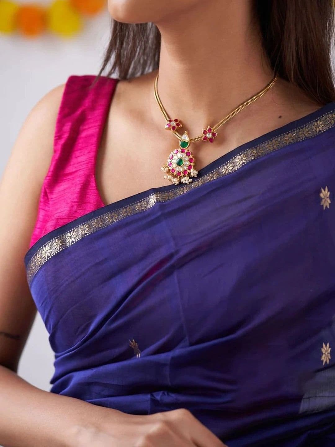 HERE&NOW Striped Zari Silk Blend Banarasi Saree thumbnail 5