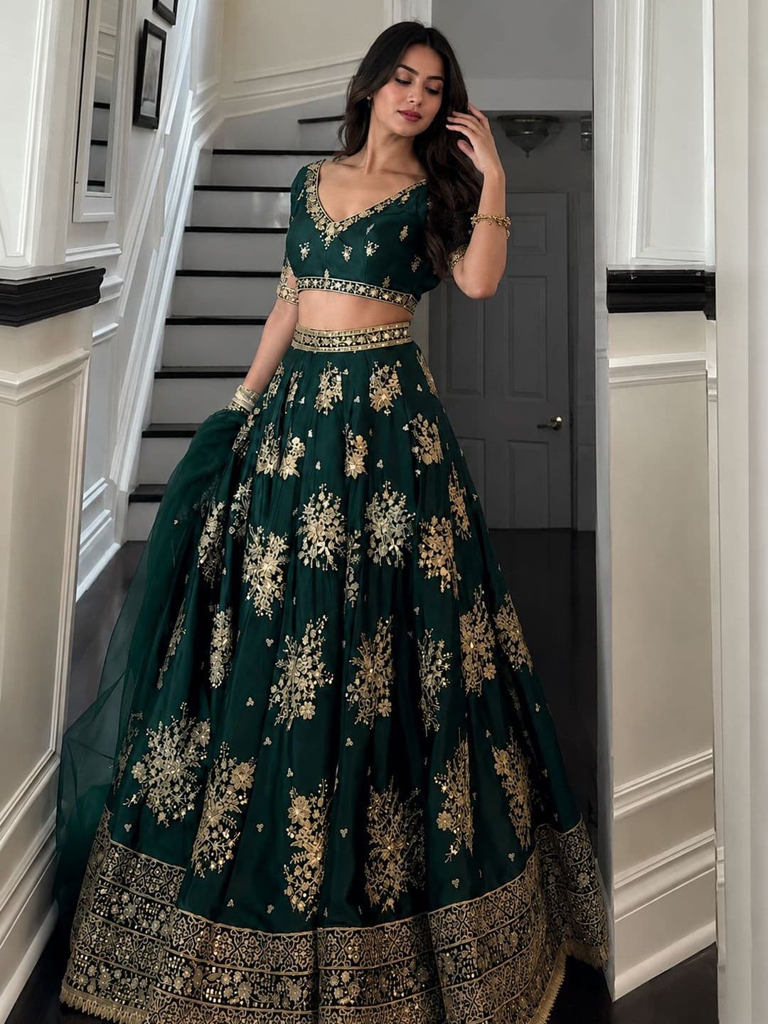 House of Pataudi Embroidered V-Neck Flared Lehenga Choli thumbnail 3