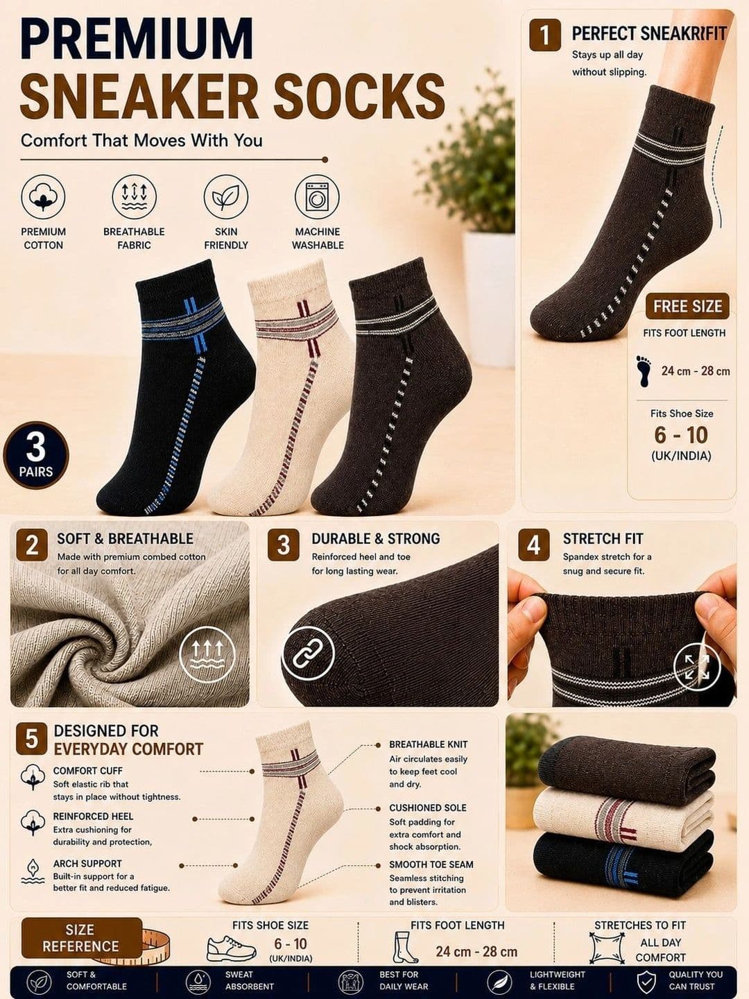ADDOSSO Men Pack of 3 Cotton Assorted Patterned Ankle Length Socks thumbnail 4