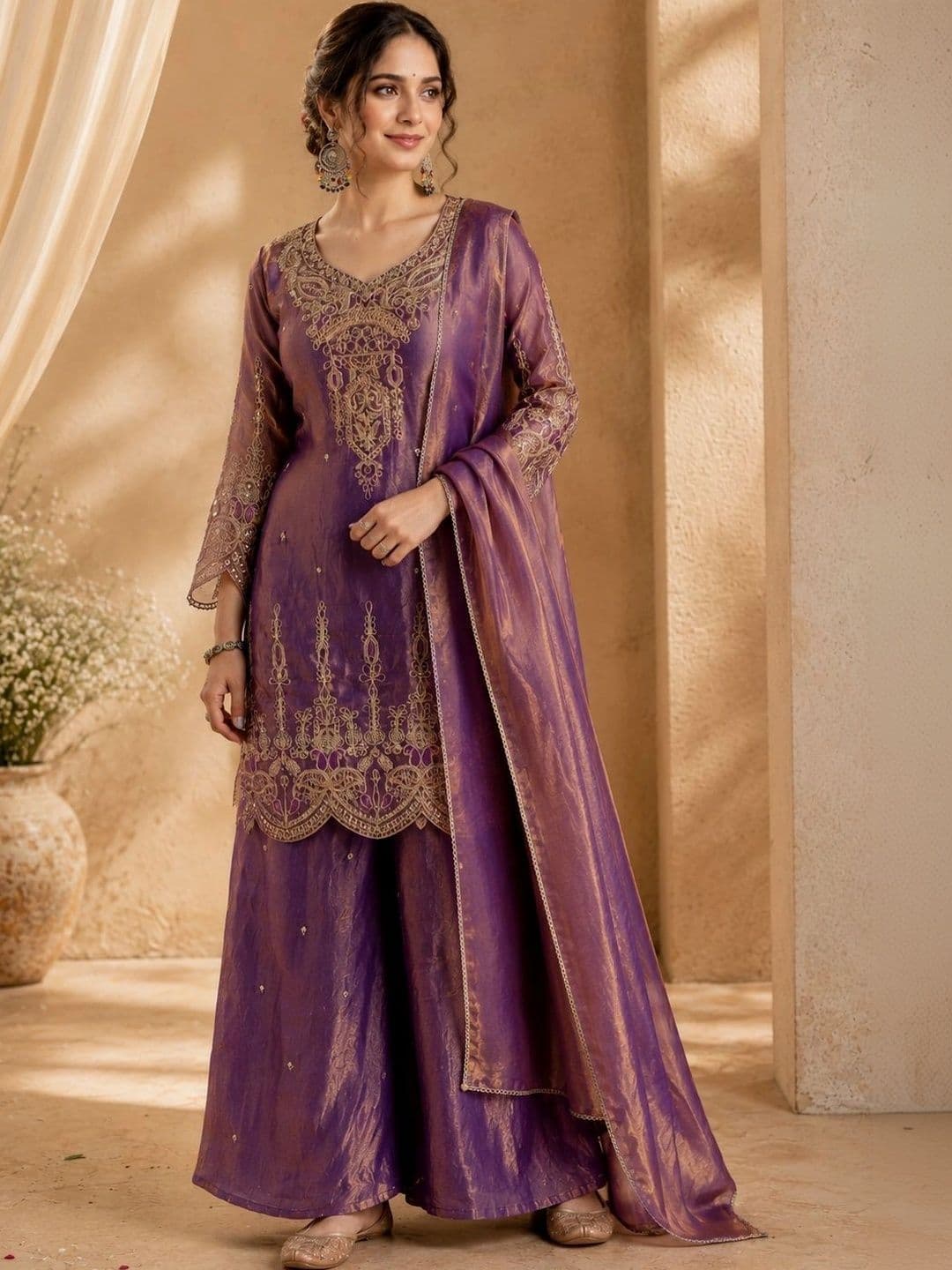Sangria Women Ethnic Motifs Embroidered Regular Kurta & Palazzos  With Dupatta thumbnail 7