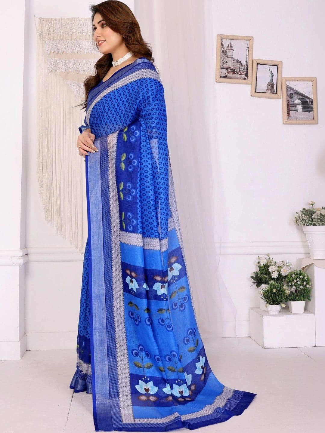 VS MALL Floral Linen Blend Saree thumbnail 3