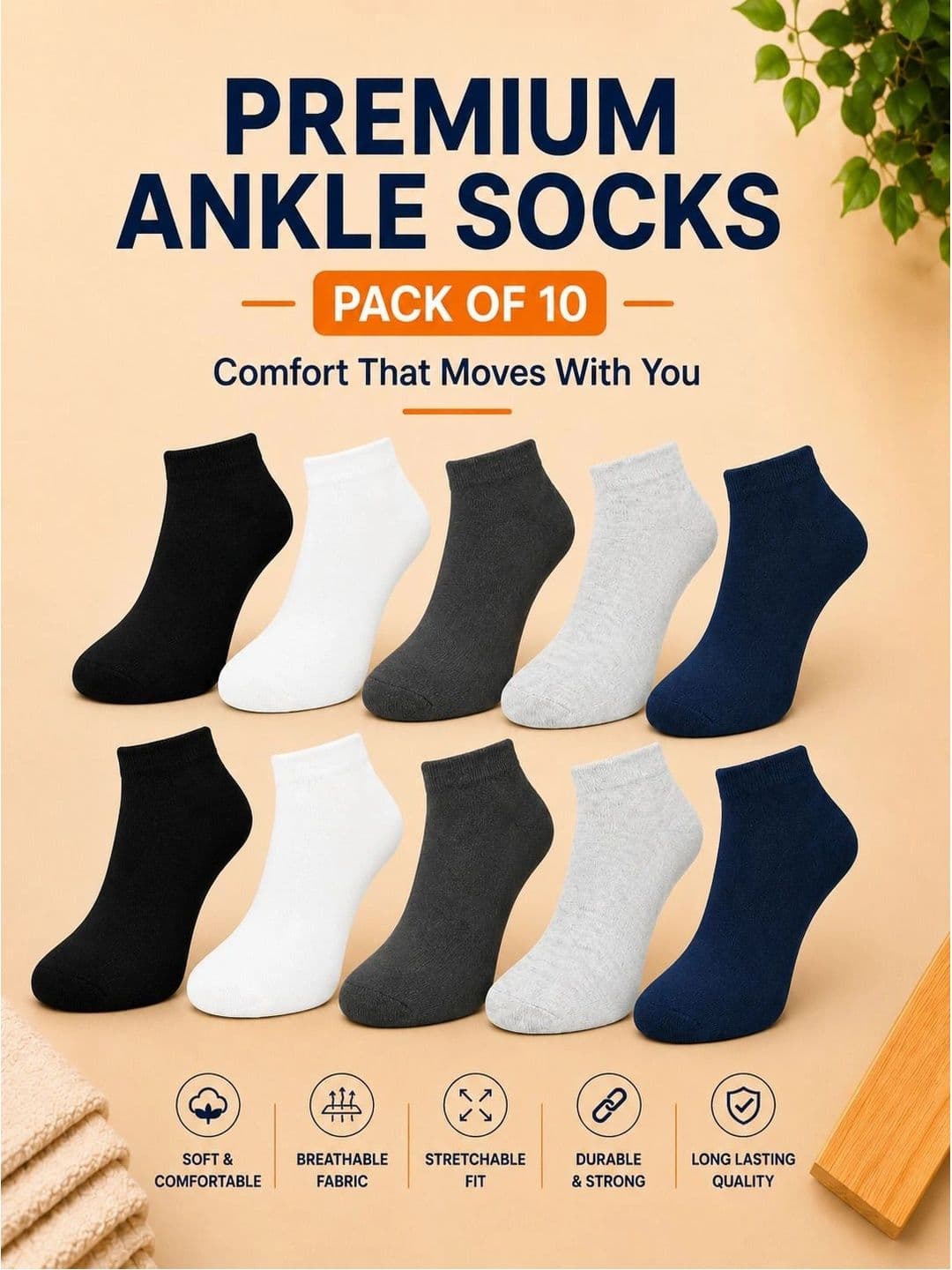 ADDOSSO Men Pack of 10 Cotton Assorted Ankle Length Socks thumbnail 4