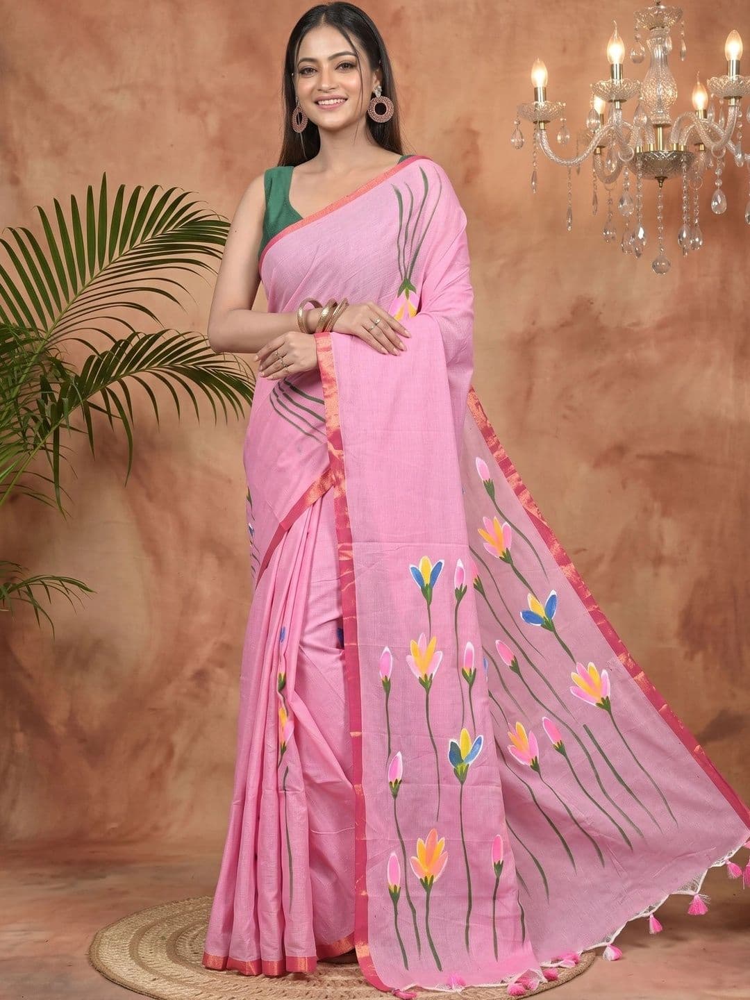 PuJoy  Women Ethnic Motifs Sequinned Pure Cotton Handloom Taant Saree - view 1