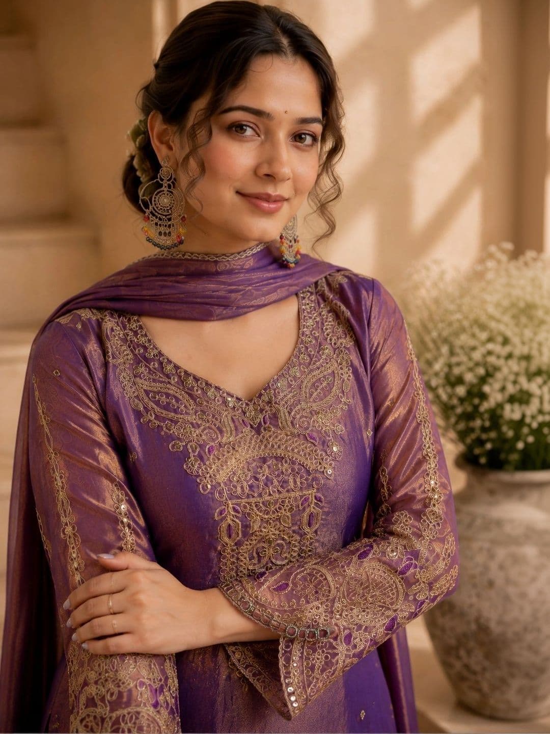 Sangria Women Ethnic Motifs Embroidered Regular Kurta & Palazzos  With Dupatta thumbnail 3