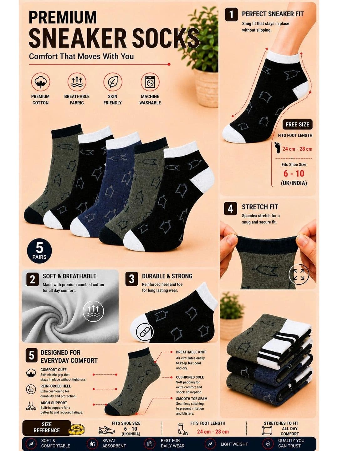 ADDOSSO Men Pack of 5 Cotton Assorted Patterned Ankle Length Socks thumbnail 5