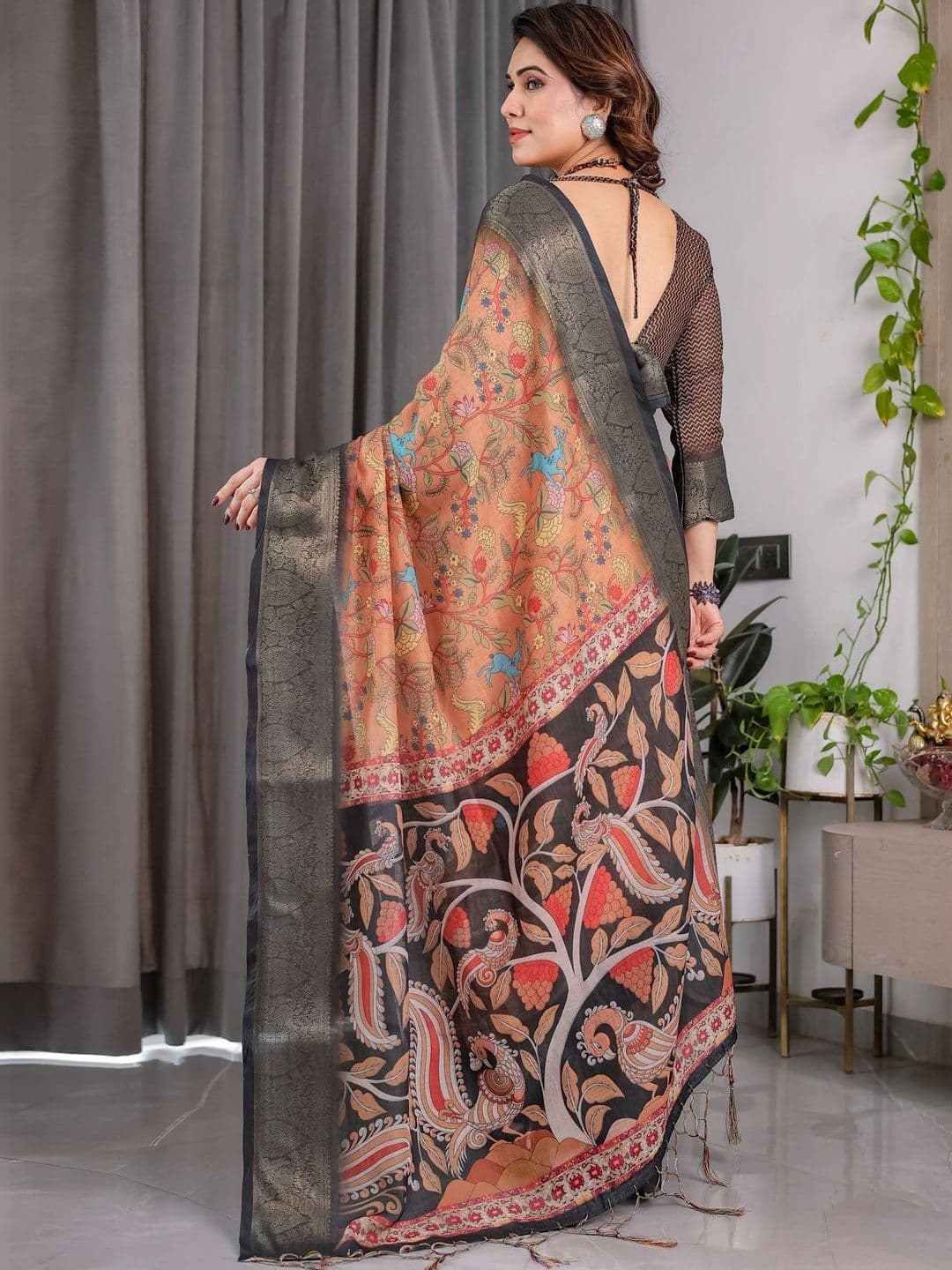 VS MALL Kalamkari Zari Linen Blend Saree thumbnail 2