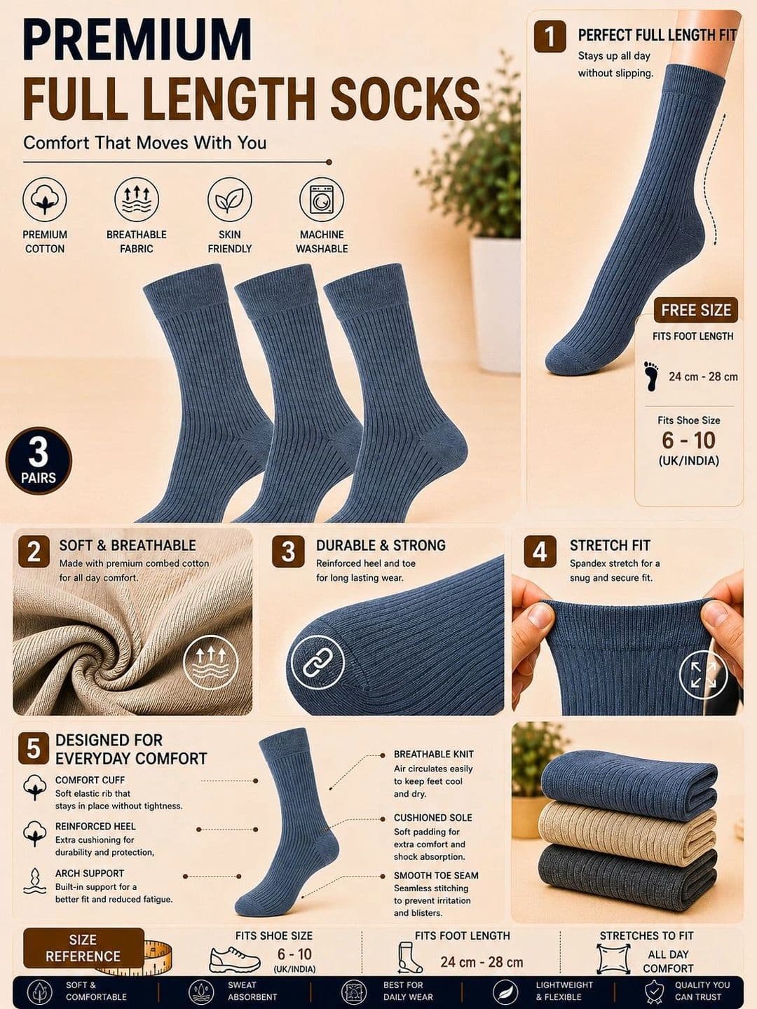 ADDOSSO Men Pack of 3 Cotton Assorted Calf Length Socks thumbnail 4