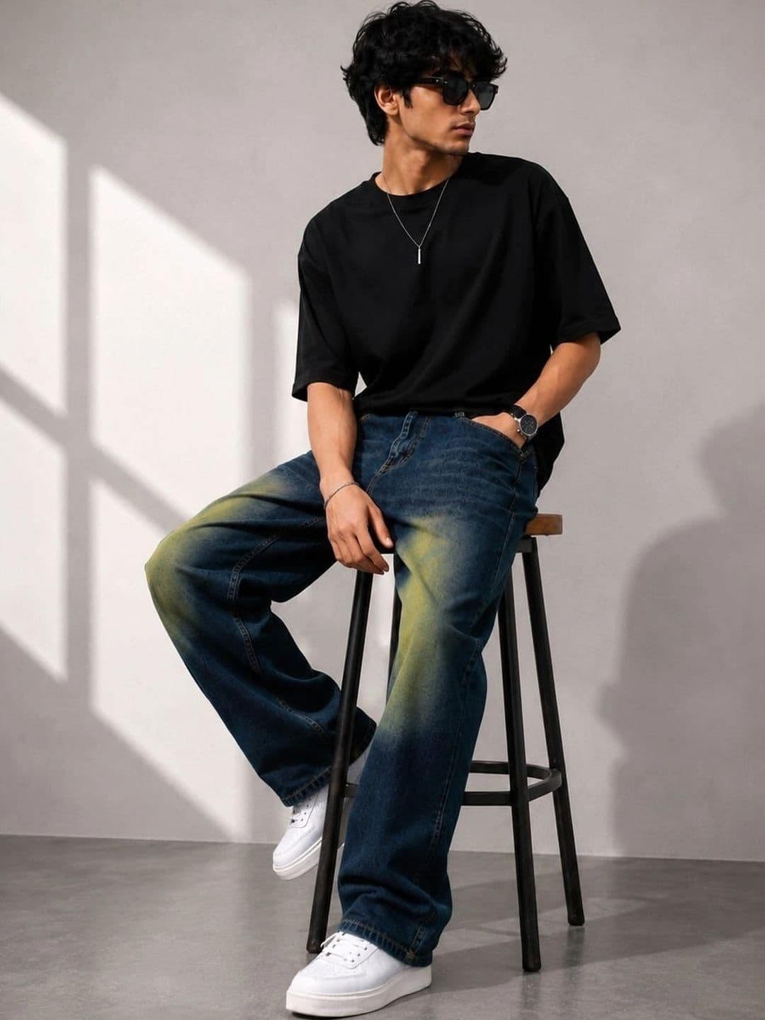 VK CULTURE Men Wide Leg Mid-Rise Light Fade Coated Jeans - view 1
