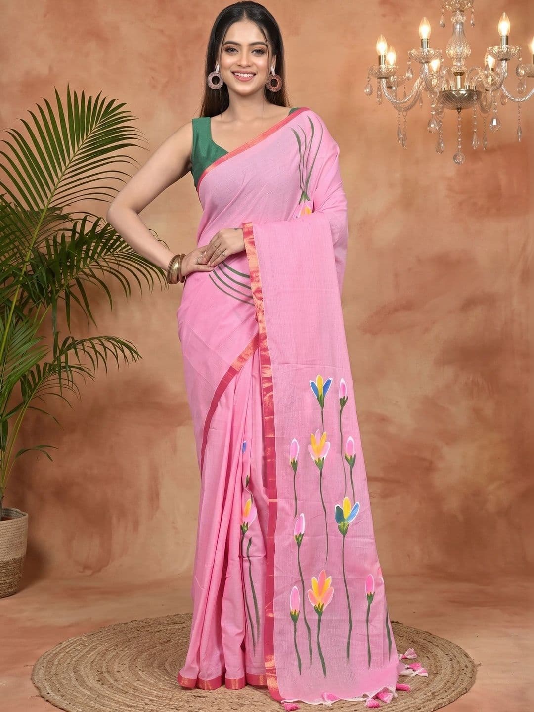 PuJoy  Women Ethnic Motifs Sequinned Pure Cotton Handloom Taant Saree thumbnail 5