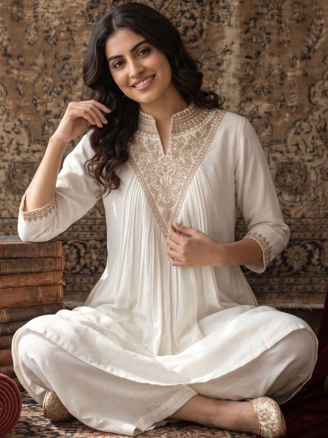 House of Pataudi Women Ethnic Motifs Embroidered Angrakha Thread Work Kurta with Palazzos thumbnail 3