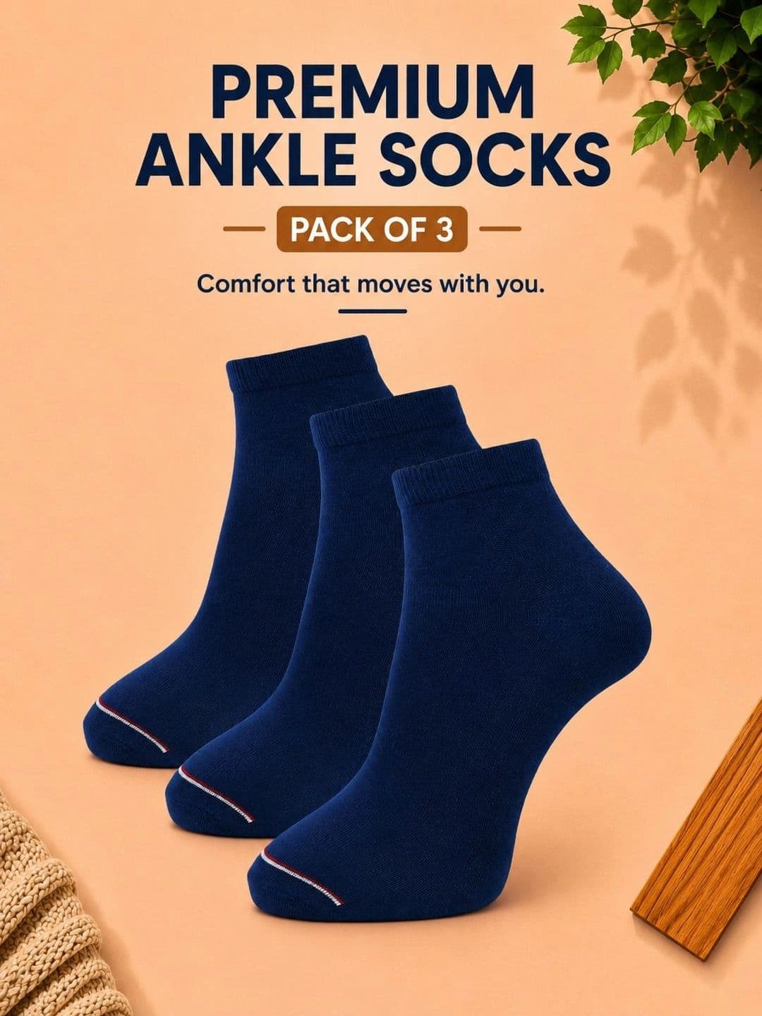 ADDOSSO Men Pack of 3 Cotton Assorted Ankle Length Socks thumbnail 3