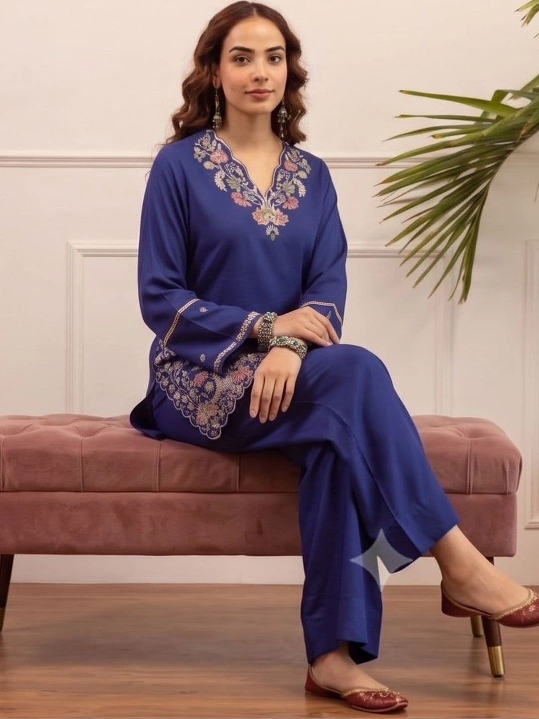 AurexWear Women Floral Embroidered Regular Thread Work Pure Cotton Kurti with Palazzos thumbnail 3