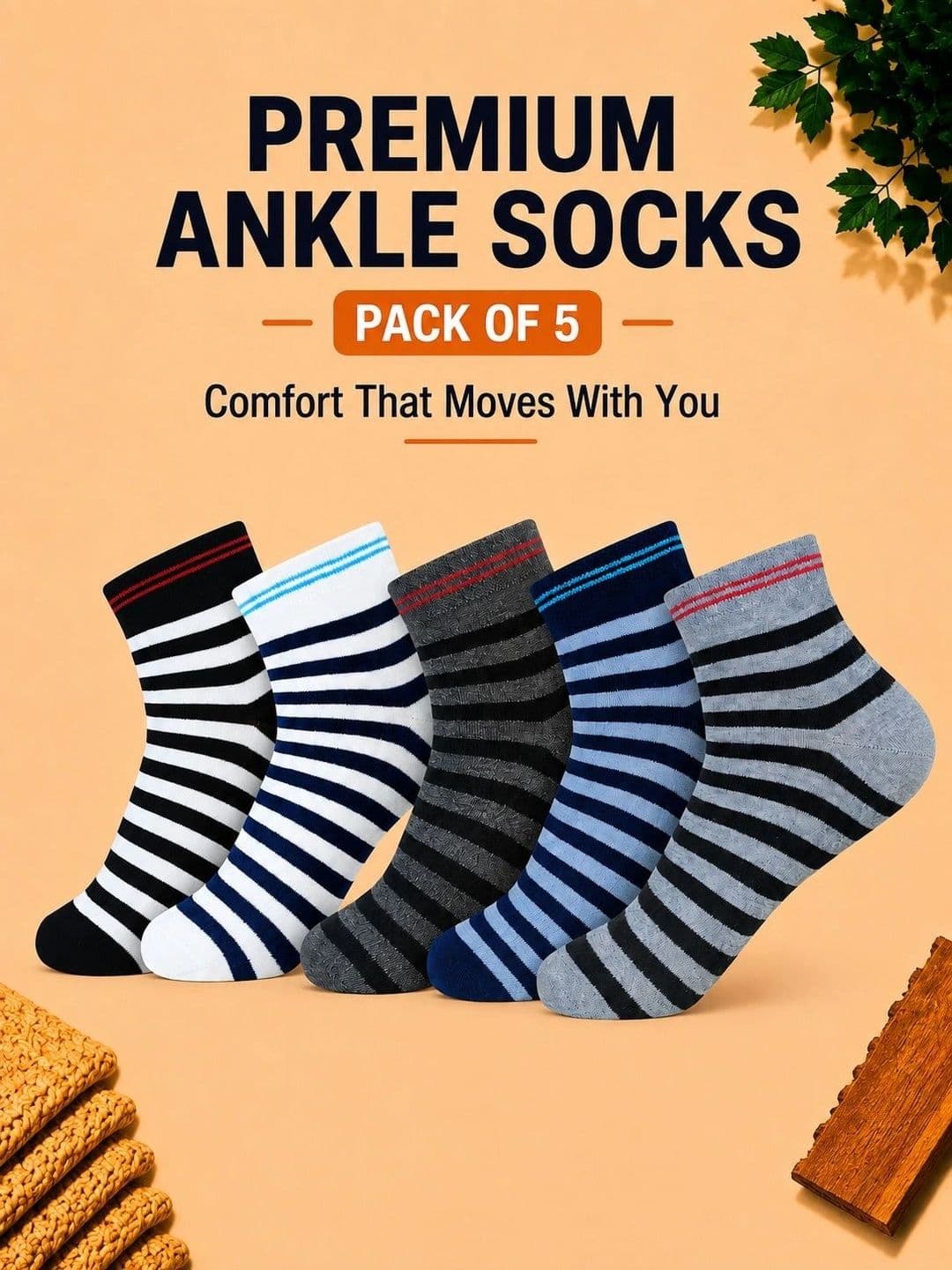 ADDOSSO Men Pack of 5 Cotton Assorted Striped Ankle Length Socks thumbnail 5