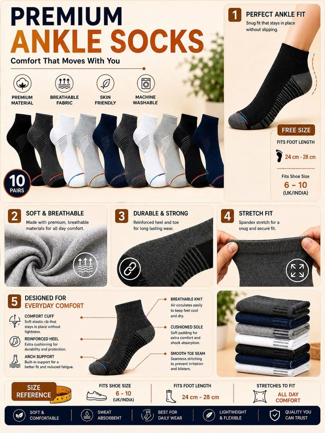 ADDOSSO Men Pack of 10 Cotton Assorted Striped Ankle Length Socks thumbnail 5