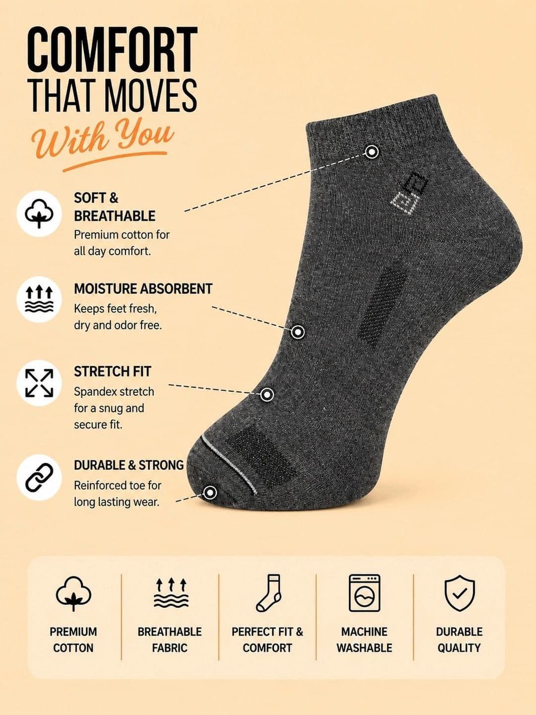 ADDOSSO Men Pack of 5 Cotton Assorted Patterned Ankle Length Socks thumbnail 2