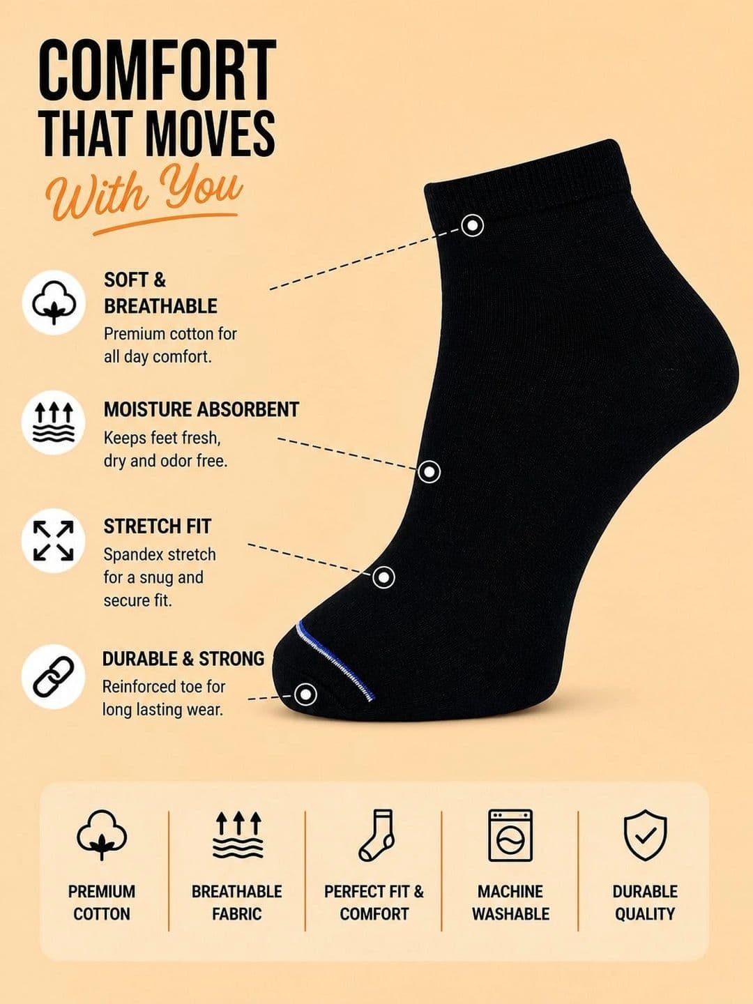 ADDOSSO Men Pack of 5 Cotton Assorted Ankle Length Socks thumbnail 3
