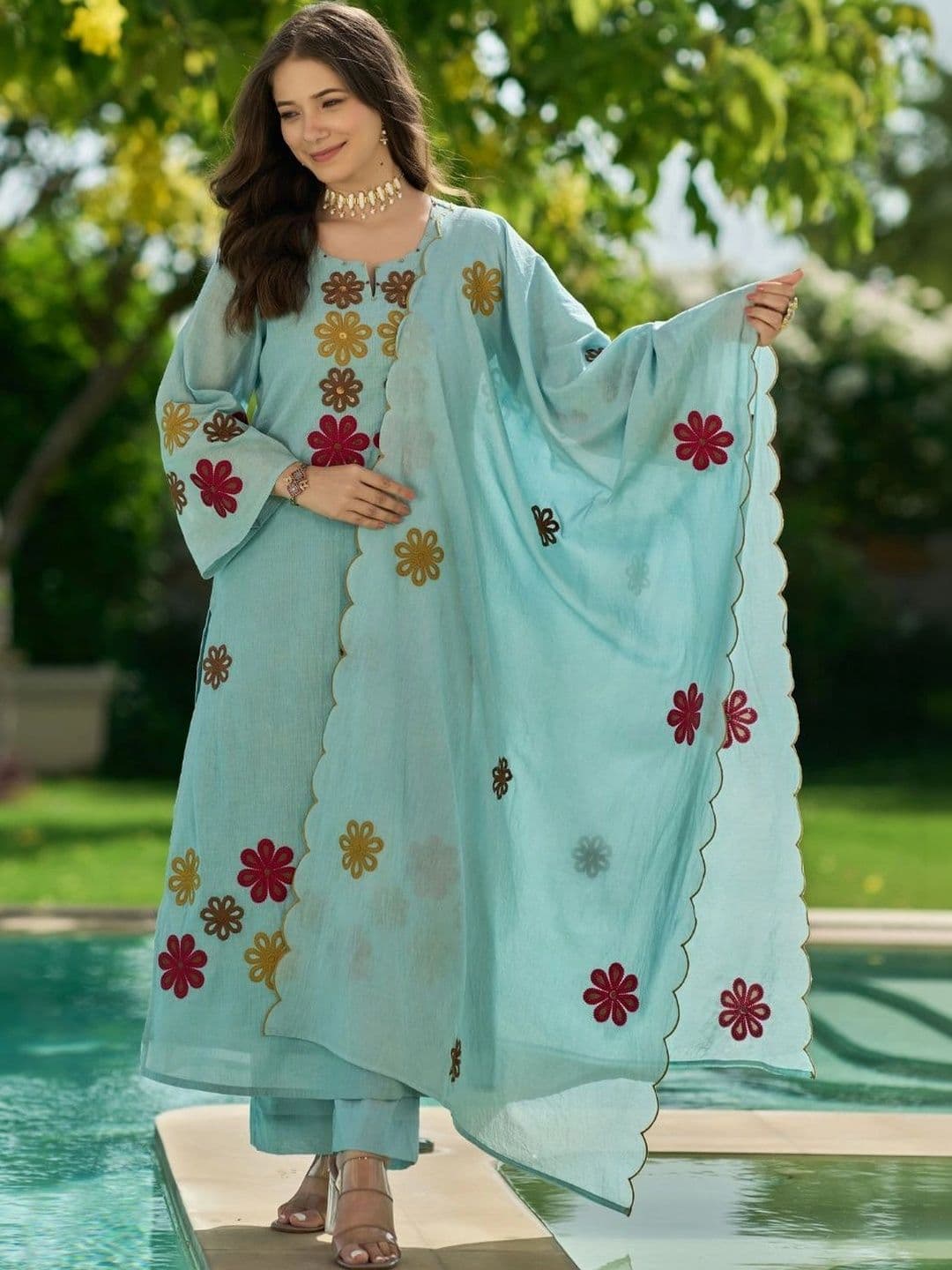 Moda Rapido Women Floral Embroidered Regular Thread Work Chanderi Silk Kurta with Trousers & With Dupatta - view 1