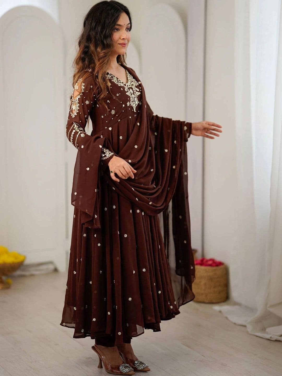 VastraBazaar Women Ethnic Motifs Empire Sequinned Silk Georgette Kurta with Trousers & With Dupatta thumbnail 7