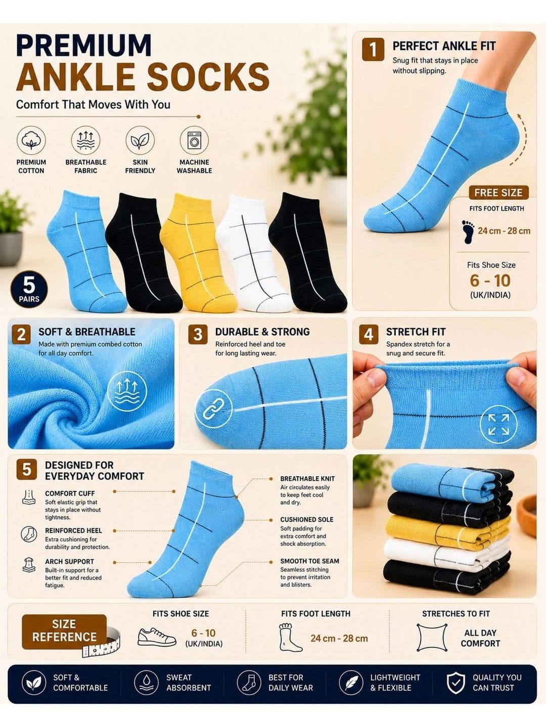 ADDOSSO Men Pack of 5 Cotton Assorted Checked Ankle Length Socks thumbnail 4