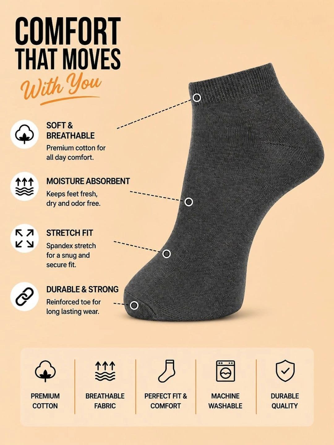 ADDOSSO Men Pack of 3 Cotton Assorted Ankle Length Socks thumbnail 2
