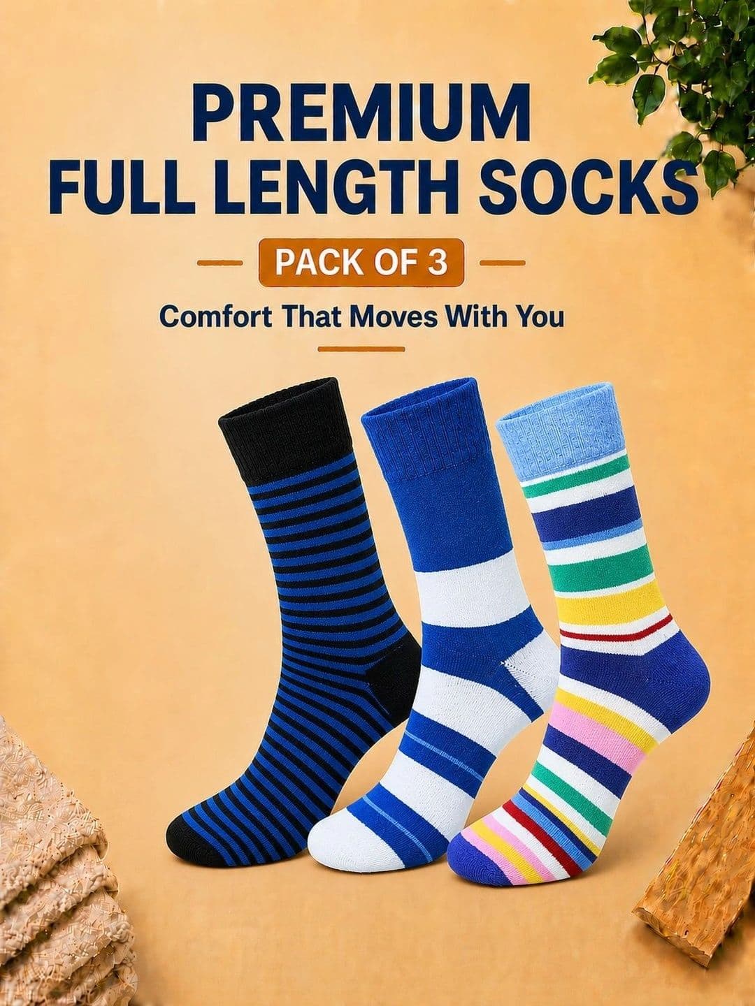 ADDOSSO Men Pack of 3 Cotton Assorted Striped Calf Length Socks thumbnail 2