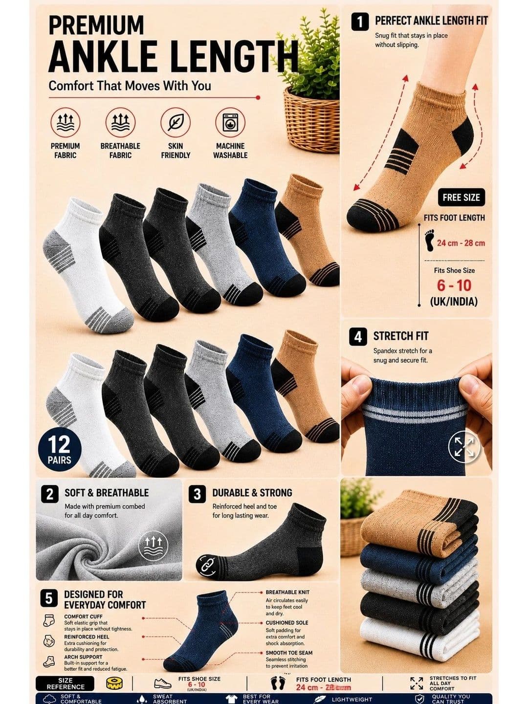 ADDOSSO Men Cotton Assorted Colourblocked Ankle Length Socks thumbnail 3